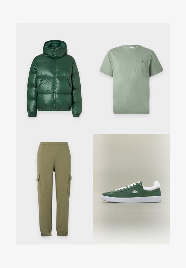 Zöld pufferdzseki fényes felülettel, kapucnival, cipzáros záródással, elasztikus mandzsettákkal és kiemelkedő steppelt részekkel a szigetelés érdekében.; Világos zöld, rövid ujjú pamut póló, mellzsebbel, amelyen egy kis hímzett krokodil logo található.; Olajzöld, könnyű anyagból készült cargo nadrág, oldalsó zsebekkel, rugalmas derékkal és szűkített alsó részével a kényelmes illeszkedés érdekében.; Alacsony profilú zöld velúr sneaker fehér fűzőkkel, fehér talppal, párnázott sarokpánttal és hímzett krokodil logóval, rajta az "EST. 1933" felirattal.