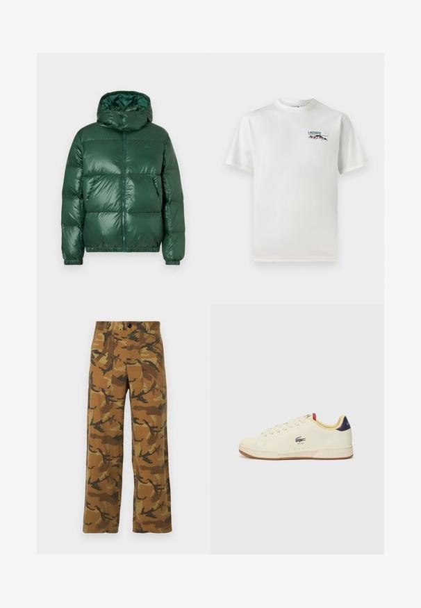 Zaļš pūkains žakets ar spīdīgu apdari, kurā ir kapuce, rāvējslēdzis, elastīgas aproces un izteiksmīgas izšūtas sekcijas siltuma saglabāšanai.; Balts kokvilnas T-krekls ar apaļu kakla izgriezumu, īsām piedurknēm un mazu izšūtu logo ar kalniem un tekstu kreisajā krūtīs.; Kamuflāžas raksta kravas bikses brūnos un zaļos toņos, izgatavotas no viegla auduma, ar četrām kabatām un pogu aizdari.; Lacoste kedas krēmkrāsā ādā ar teksturētu finišu. Aprīkots ar gumijas zoli, auklu aizdari, tumši zilu papēdi un izšūtu logo.