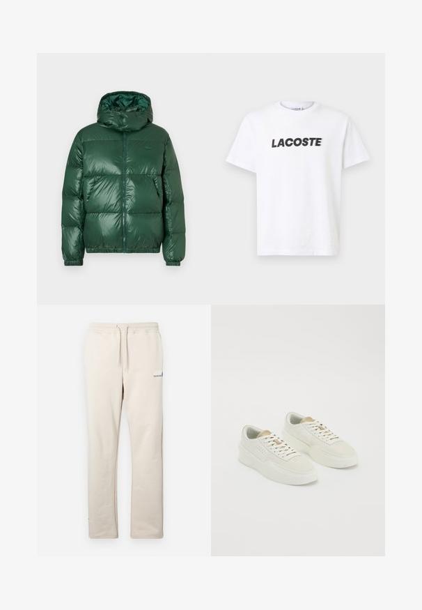 Zaļš pūkains žakets ar spīdīgu apdari, kurā ir kapuce, rāvējslēdzis, elastīgas aproces un izteiksmīgas izšūtas sekcijas siltuma saglabāšanai.; Balta kokvilnas T-krekla ar izteiktu melnu "LACOSTE" logo uz krūtīm. Īsas piedurknes un apaļas kakla izgriezums.; Bežīgas sporta bikses, izgatavotas no mīksta materiāla, ar elastīgu jostu ar pagarinājumu, taisnām kājām un mazu zilu logotipa detaļu.; Off-white zemu topu sporta apavi ar beigo akcentiem, biezām zolēm un baltām saitēm uz vienkārša balta fona.