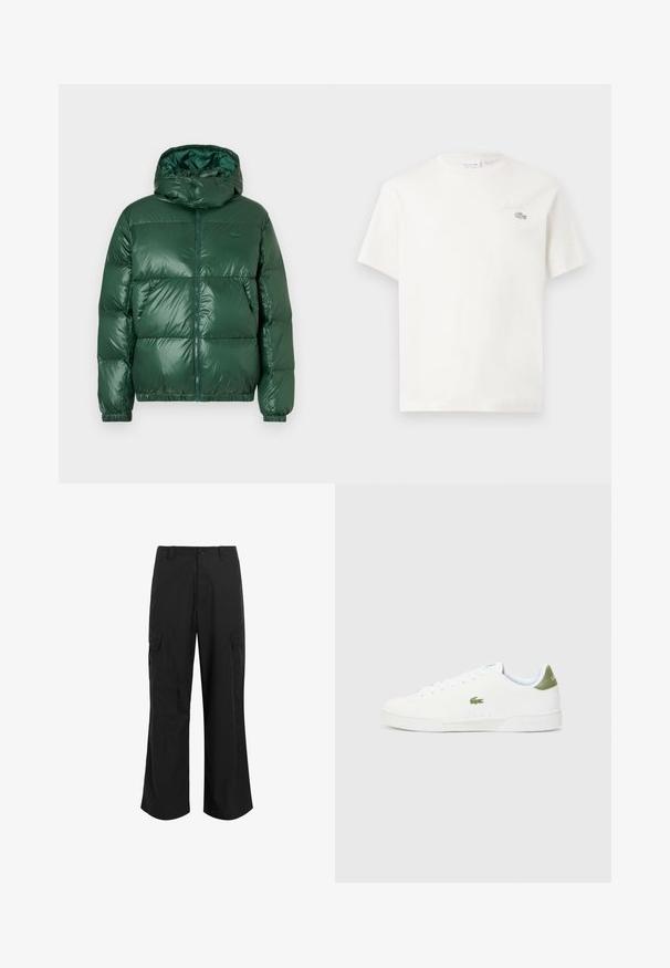 Zöld pufferdzseki fényes felülettel, kapucnival, cipzáros záródással, elasztikus mandzsettákkal és kiemelkedő steppelt részekkel a szigetelés érdekében.; Fehér pamut póló rövid ujjakkal, diszkrét hímzett logóval és minimalista designnal. Puha tapintású, kerek nyakkivágású.; Fekete cargo nadrág, könnyű anyagból készült, laza szabással, két nagy oldalsó zsebbel és gombos záródással.; Fehér sportcipő sima textúrával, zöld akcentussal a sarkán, és egy kis hímzett krokodil logóval az oldalán.