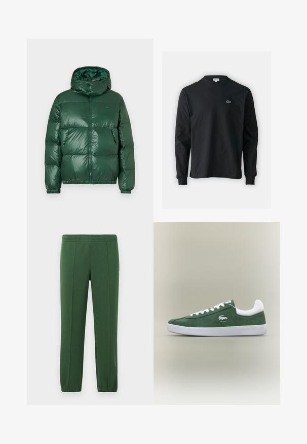 Zelená nafukovací bundu s lesklým povrchem, která má kapucu, zipové zapínání, elastické manžety a výrazně prošívané části pro izolaci.; Černé dlouhé rukávy triko vyrobené z bavlny, s kulatým výstřihem a malým zeleným vyšitým logem krokodýla na levé hrudi.; Zelené tepláky vyrobené z měkké látky; mají elastický pas, zúžené nohavice a malé logo na boku.; Nízkoprofilové zelené semišové tenisky s bílými tkaničkami, bílou podrážkou, polstrovaným límcem kolem paty a vyšívaným logem krokodýla s textem "EST. 1933".