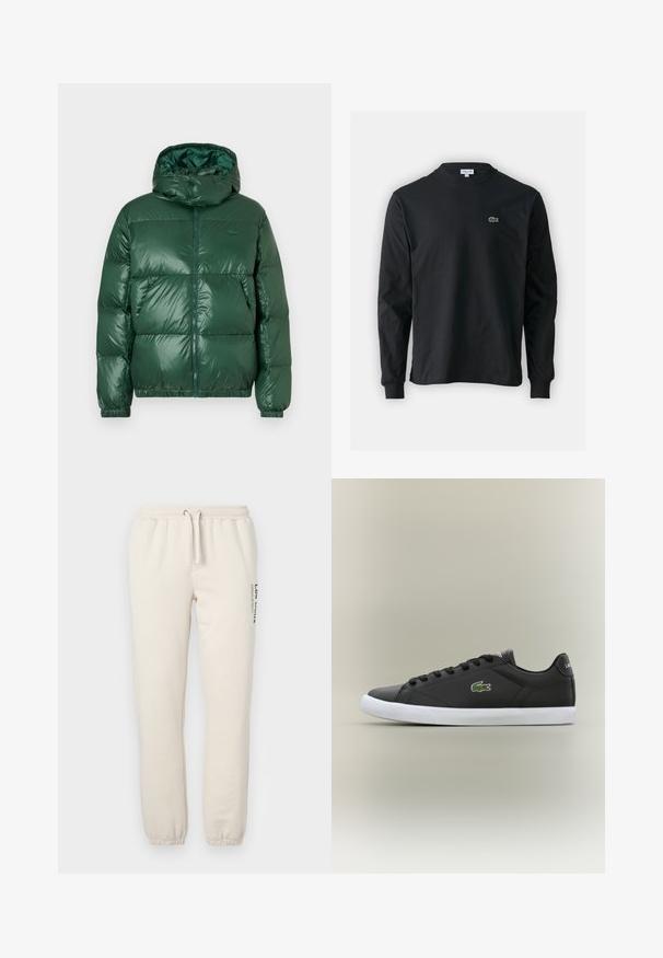 Žalias pūkinis švarkas su blizgiu paviršiumi, turintis gobtuvą, užtrauktuką, elastines rankogalius ir išsiskiriančias siuvimo sections izoliacijai.; Juodas ilgomis rankovėmis marškinėliai iš medvilnės, turintys apvalią iškirptę ir mažą žalią išsiuvinėtą krokodilo logotipą kairėje krūtinės pusėje.; Smėliniai sportiniai džinsai, pagaminti iš minkštos medvilnės, su elastinga juosmens juosta su raišteliu, su varstomomis rankovėmis ir spausdintu dizainu šone.; Juodos odinės sportbačiai su baltais guminiais padais, turintys žalią krokodilo logotipą ir apvalias raišteles, elegantiškas dizainas su lygia tekstūra.
