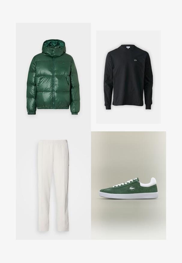 Zöld pufferdzseki fényes felülettel, kapucnival, cipzáros záródással, elasztikus mandzsettákkal és kiemelkedő steppelt részekkel a szigetelés érdekében.; Fekete hosszú ujjú pamut póló, kerek nyakkivágással, bal mellen egy kis zöld hímzett krokodil logóval.; Lacoste Tréningruha alsók - hammam; Alacsony profilú zöld velúr sneaker fehér fűzőkkel, fehér talppal, párnázott sarokpánttal és hímzett krokodil logóval, rajta az "EST. 1933" felirattal.