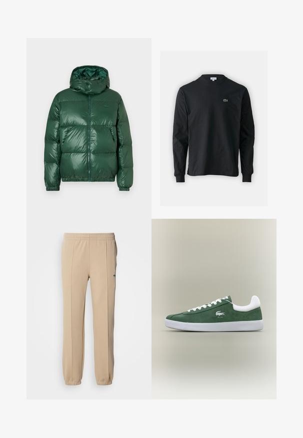 Casaco puffer verde com acabamento brilhante, apresentando uma capuz, fecho de correr, punhos elásticos e secções acolchoadas proeminentes para isolamento.; Camisola preta de manga longa feita de algodão, com decote redondo e um pequeno logótipo de crocodilo bordado em verde no lado esquerdo do peito.; Lacoste Calças de fato de treino - viennese; Sapatilha verde em camurça de perfil baixo com atacadores brancos, sola branca, colarinho acolchoado e logotipo de crocodilo bordado com o texto "EST. 1933".