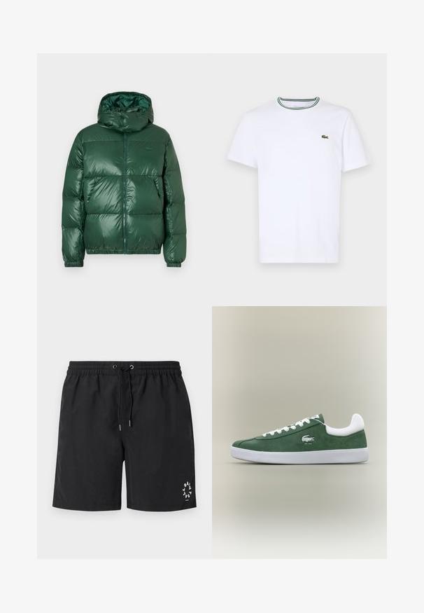 Zaļš pūkains žakets ar spīdīgu apdari, kurā ir kapuce, rāvējslēdzis, elastīgas aproces un izteiksmīgas izšūtas sekcijas siltuma saglabāšanai.; Balta kokvilnas T-kreklā ar īsām piedurknēm un ribotu apkakli, kas rotāta ar zaļām un melnām svītrām; neliels zaļš izšūts logo kreisajā krūtī.; Melni peldēšanas šorti, izgatavoti no viegla auduma. Elastīga jostasvieta ar savelkamu auklu un sudraba galiem. Balta logo uzdrukāta apakšējā kreisajā stūrī.; Zema profila zaļie zamša sporta apavi ar baltām šņorēm, baltu zoli, polsterētu papēža apkakli un izšūtu krokodila logo ar tekstu "EST. 1933".