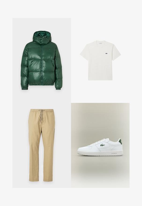 Grüne Daunenjacke mit glänzender Oberfläche, ausgestattet mit Kapuze, Reißverschluss, elastischen Bündchen und auffälligen gesteppte Bereichen zur Isolierung.; Weißes Baumwoll-T-Shirt mit kurzen Ärmeln und Rundhals-Ausschnitt. Mit einem kleinen, gestickten Lacoste-Logo auf der linken Brust.; Beige Hosen mit einem elastischen Bund, verstellbarem Kordelzug, geraden Beinen und einer leichten Stofftextur.; Weiße Leder-Sneaker mit glatter Oberfläche, grünen Akzenten an der Ferse und einem grünen Logo an der Seite. Verfügt über eine flache Sohle und eine runde Zehenform.