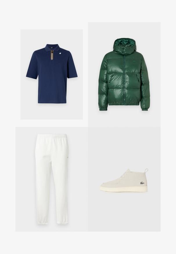 Žalias pūkinis švarkas su blizgiu paviršiumi, turintis gobtuvą, užtrauktuką, elastines rankogalius ir išsiskiriančias siuvimo sections izoliacijai.; Tamsiai mėlynas polo marškinėliai, pagaminti iš medvilnės, su trumpu užtrauktuku ir geltonu, baltu bei juodu juostelių dekoru. Ant krūtinės yra mažas logotipas.; Baltos medvilnės sportinės kelnės su elastingu juosmeniu ir siaurėjančiomis kojomis. Šone yra nedidelis logotipo detalė. Minkšta struktūra, minimalus dizainas.; Šviesiai pilki zomšiniai auliniai batai iki kulkšnies su apvalia nosimi, balta guma pado ir subtiliu logotipo akcentu šone. Su raištelių uždarymu.
