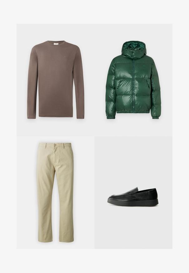 Zeleno puhovko z leskasto finišom, ki ima kapuco, zadrgo, elastične manšete in izrazite šivane dele za izolacijo.; Dolga majica iz rjavega bombaža z okroglim izrezom; ima majhen logotip na prsih in gladko, lahko teksturo.; Bež bombažne hlače s ravnim krojem, sprednjim gumbom in zankami za pas. Gladka tekstura, brez vidnih vzorcev ali akcentov.; Calvin Klein HYBRID CUP - Čevlji brez vezalk - triple black