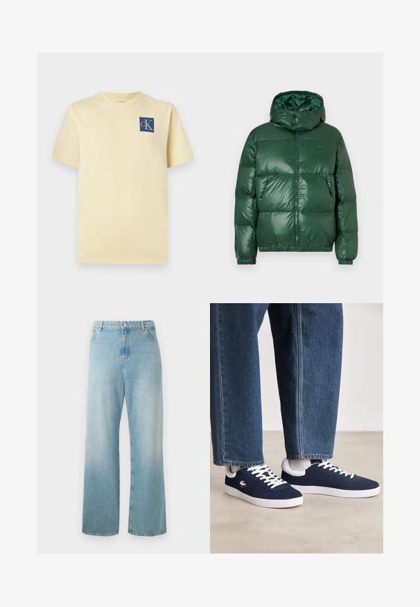 Zöld pufferdzseki fényes felülettel, kapucnival, cipzáros záródással, elasztikus mandzsettákkal és kiemelkedő steppelt részekkel a szigetelés érdekében.; Rövid ujjú sárga pamut póló, bal mellen kék négyzet alakú logóval, amelyen a "cK" felirat található. Klasszikus lekerekített nyakdizájn.; Világoskék, bő szárú farmernadrág. Magas derékkal, elülső zsebekkel és tiszta szegéllyel rendelkezik. Puha tapintású, elhalványult hatású.; Kék vászon sportcipők fehér fűzőkkel és gumis talppal, farmernadrággal és szürke bordás zoknikkal együtt bemutatva, világosszürke felületen.
