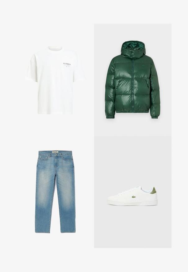 Casaco puffer verde com acabamento brilhante, apresentando uma capuz, fecho de correr, punhos elásticos e secções acolchoadas proeminentes para isolamento.; T-shirt de algodão branco com um ajuste relaxado, decote arredondado e detalhe de logotipo em cinza no lado esquerdo do peito. Textura suave, mangas curtas.; Jean de ganga azul claro com um design de perna reta, cinco bolsos e um efeito desbotado ligeiro. Apresenta detalhes em metal prateado e uma etiqueta com a marca na cintura.; Tênis brancos com uma textura suave, apresentando um detalhe verde no calcanhar e um pequeno logotipo de crocodilo bordado na lateral.