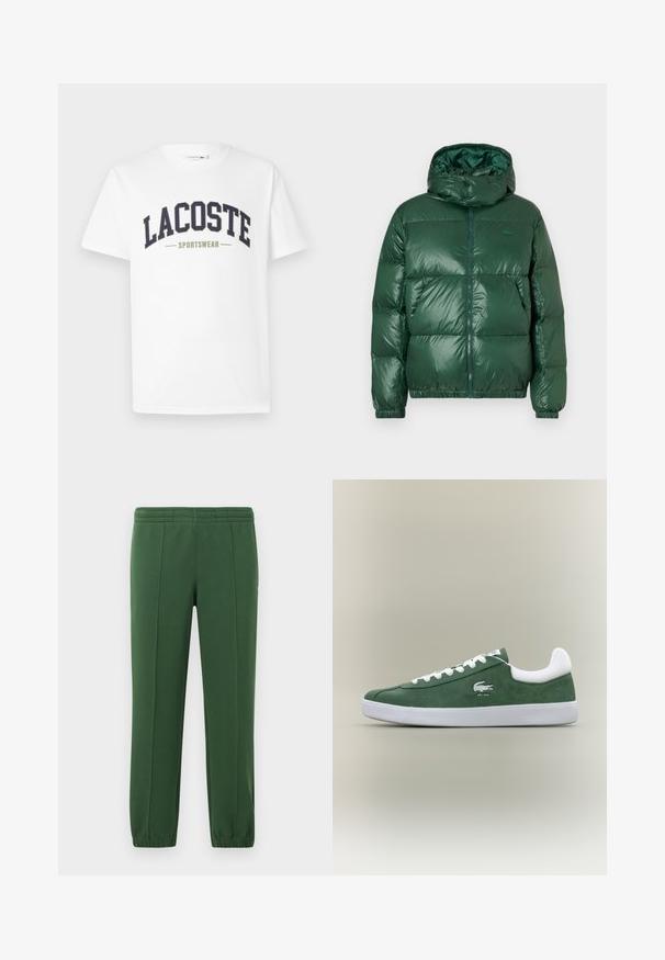 Žalias pūkinis švarkas su blizgiu paviršiumi, turintis gobtuvą, užtrauktuką, elastines rankogalius ir išsiskiriančias siuvimo sections izoliacijai.; Balta medvilninė marškinėliai su tamsiai mėlynu ir alyvinio žalumo "LACOSTE SPORTSWEAR" logotipu, uždėtu ant krūtinės išlenktame dizaine.; Žalios sportinės kelnės, pagamintos iš minkštos medžiagos; turi elastinę juostą juosmeniui, siaurėjančius kojų kirpimus ir mažą logotipą šone.; Žemas profilio žalias deineris su baltomis raištelėmis, baltu padu, paminkštintu kulkšnies apvadu ir siuvinėjamu krokodilo logotipu su tekstu "EST. 1933".