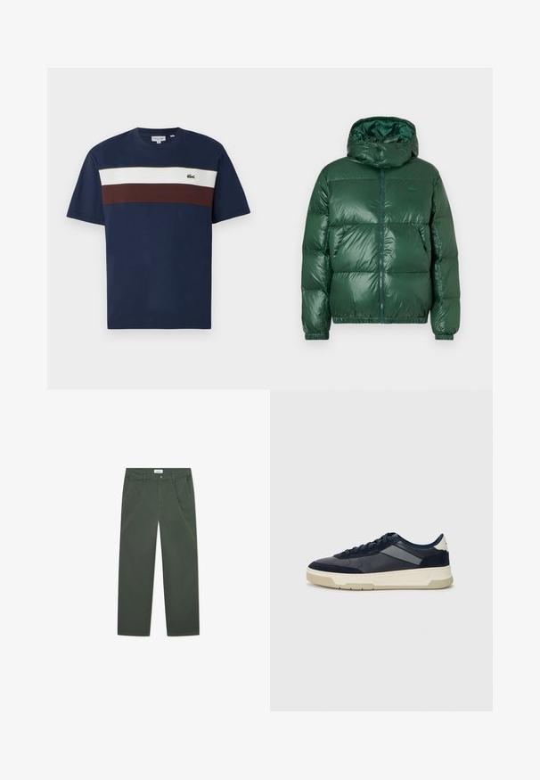Žalias pūkinis švarkas su blizgiu paviršiumi, turintis gobtuvą, užtrauktuką, elastines rankogalius ir išsiskiriančias siuvimo sections izoliacijai.; Tamsiai mėlynas medvilninis marškinėliai su horizontaliais kreminiais ir burgundiškais dryžiais, ant krūtinės mažas žalias krokodilo logotipas.; Tamsiai žali medvilniniai kelnių su tiesiu kojų dizainu, priekinėmis kišenėmis ir mygtuku užsegimu ties juosmeniu. Lygus paviršius, be raštų.; BOSS BALTIMORE - Sportbačiai - open blue
