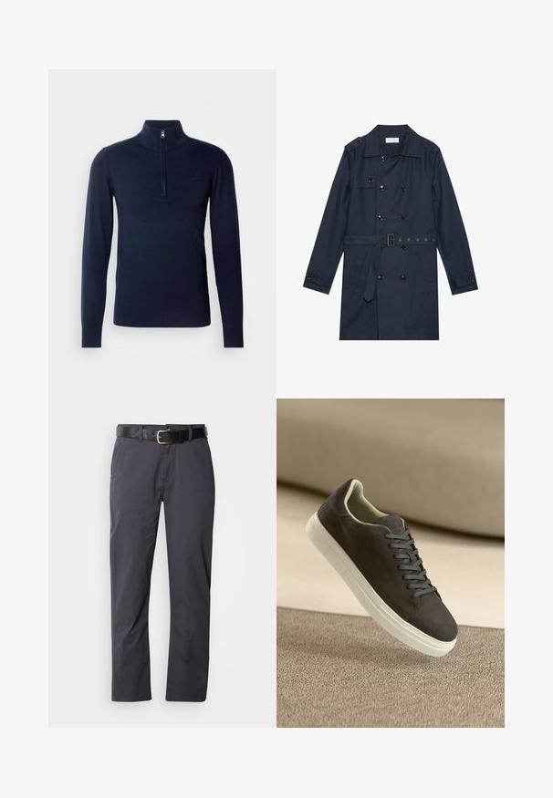 Tumesinine trench coat kergest kangast, millel on topelt-nööbise closure, vöölöngus ja kaks küljetaskut flapi detailiga.; Tumedast meresinise värvi kootud sviiter kõrge kaelusega, neljanda tõmbluku ja soonikute varrukatega. Sile tekstuur ja minimalistik disain.; Mustadest puuvillast sirged püksid, kus on kaks eesmist taskut ja vöö. Kanga tekstuur on sile ja mati viimistlusega.; Tumehallid nahkkingad sobivate paeltega ja valge kummitald, asetatud tekstuurse beeži pinna kohal pehme taustaga.