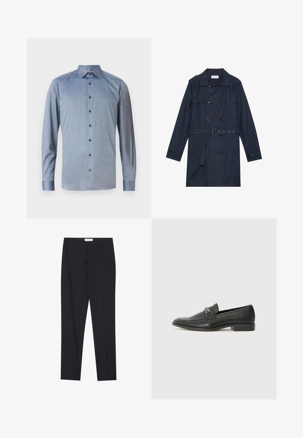 Marineblauwe trenchcoat van lichtgewicht stof, met dubbele knoopsluiting, ceintuur in de taille en twee zijzakken met flapdetail.; Lichtblauwe lange mouwen shirt met een subtiel patroon, kraag, volle knopenrij aan de voorkant en donkerblauwe knopen. Smoothe stoftextuur.; Zwarte op maat gemaakte broeken met een vlakke voorkant, reguliere pasvorm, gemaakt van een gladde stof, met persplooien en zijzakken.; Zwarte leren instapper met een gladde afwerking, voorzien van een gestikt ontwerp en een decoratieve metalen kettingaccent over de wreef. Platte hak.