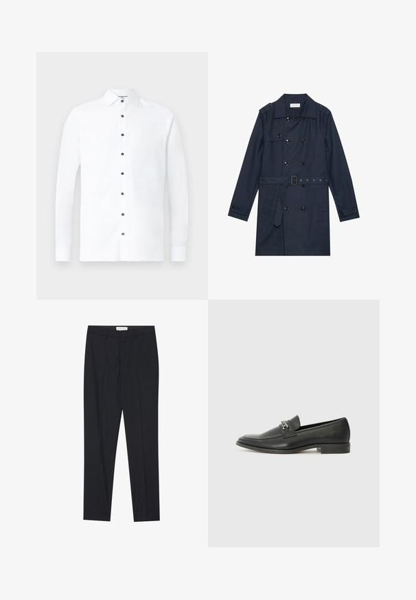 Marine trenchcoat i lett stoff, med dobbelspent knapper, belte i midjen, og to sidelommer med klaffdetalj.; Hvit langermet skjorte laget av bomull, med klassisk krage, svart knappelukking og mansjetter med knapper. Glatt tekstur med minimal design.; Sorte skrædderbukser med flad front, almindelig pasform, lavet af glat stof, med pressede folder og sidelommer.; Sorte skinnloafers med en glatt finish, og med en sydd design og en dekorativ metallkjedeakcent over foten. Flat hæl.
