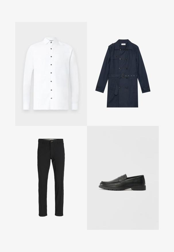 Marine trenchcoat i lett stoff, med dobbelspent knapper, belte i midjen, og to sidelommer med klaffdetalj.; Hvit langermet skjorte laget av bomull, med klassisk krage, svart knappelukking og mansjetter med knapper. Glatt tekstur med minimal design.; Svart bomullsblandingsbukser med smal passform, med knappelukking, lommer og rullede mansjetter for en avslappet finish.; Svart skinnloafers med glatt finish, mokkasin-stil overdel, broderte detaljer og gummisåle. Klassisk design med lav hæl.