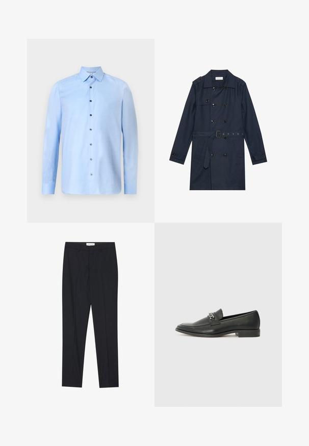 Caban de marină dintr-un material ușor, având închidere cu butoane îndoite, talie cu curea și două buzunare laterale cu detalii cu clapă.; Cămașă albastră deschis, căptușită dintr-un material texturat, cu un guler clasic și nasturi întunecați contrastanți pe partea din față. Mâneci lungi.; Pantaloni negri, croiți pe măsură, cu față plată, cu o tăietură obișnuită, dintr-un material neted, având plii presate și buzunare laterale.; Pantofii negri din piele cu un finisaj neted, având un design cusut și un accent decorativ de lanț metalic peste partea de sus. Toc plat.