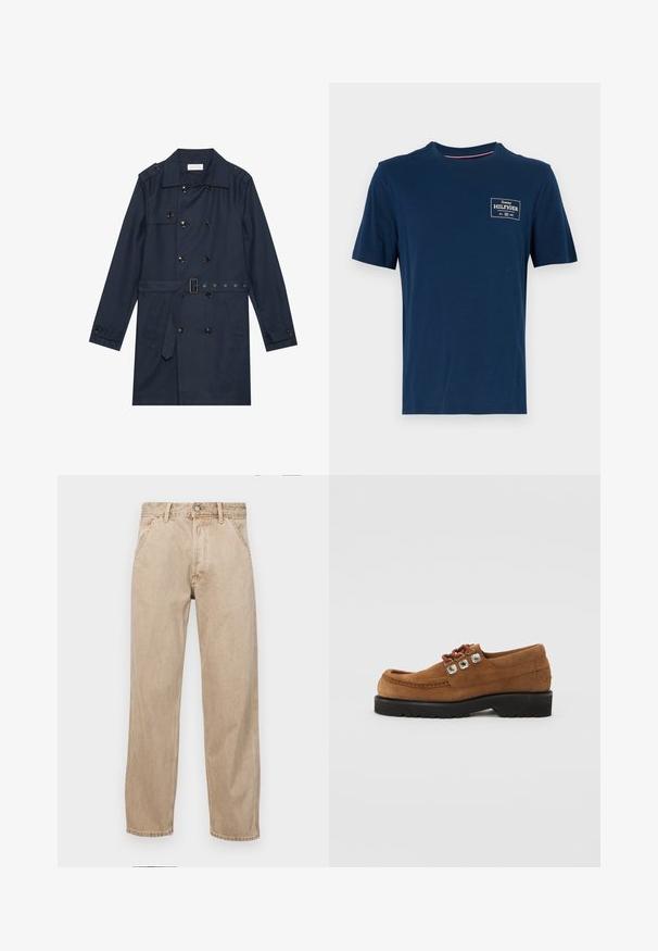 Manteau trench navy en tissu léger, présentant une fermeture à glissière double bouton, une taille ceinturée et deux poches latérales avec détail rabattu.; T-shirt en coton bleu marine avec un col rond, des manches courtes et un petit logo blanc imprimé sur la poitrine gauche. Texture lisse.; Jeans en denim beige avec une coupe droite, dotés de poches avant, d'une fermeture à bouton en métal et d'une texture subtile.; Chaussure en daim marron avec un bout arrondi, un col rembourré et des œillets décoratifs en ton argent. Semelle en caoutchouc noir pour une meilleure adhérence et stabilité.