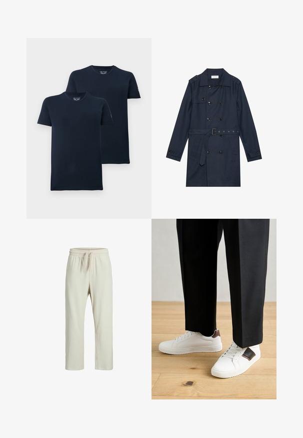Marine trenchcoat i let stof, med dobbeltradet knaplukning, bæltestrop i livet og to sidelommer med klapdetalje.; Marineblå bomulds T-shirts, korte ærmer, rund hals, tagfri design, to-pack, glat tekstur, minimal branding på ærmerne.; Ribbede cremefarvede bukser med en elastisk talje og snøre, der har en afslappet pasform og lige ben.; Hvide sneakers med glat tekstur, prydet med brune læderdetaljer og sorte detaljer, sammen med sorte skræddersyede bukser. Baggrund med trægulv.