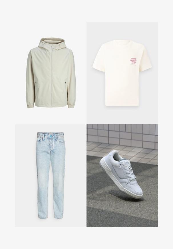 Jacket ușor, bej, cu fermoar și glugă, cu manșete elastice, două buzunare laterale și țesătură netedă, ideal pentru purtarea casual.; Tricou alb cu mânecă scurtă, având text roșu "Studio Originals Edition" pe partea stângă a pieptului, expus pe un fundal gri neutru.; Blugi din denim de culoare albastru deschis, cu un design cu picior drept, în stil cu cinci buzunare și o ușoară decolorare pe parcurs. Au o închidere clasică cu buton și fermoar.; Adidași din piele albă cu părți perforate, accente texturate, șireturi plate și un călcâi gri contrastant. Prezintă o talpă ușor ridicată.