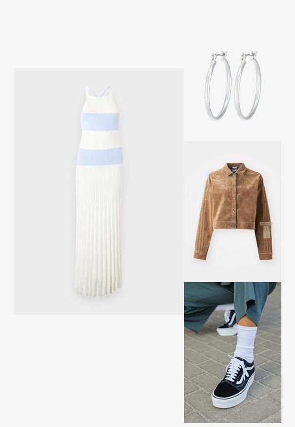 Ruskea lyhyt takki, joka on valmistettu tekstuurimateriaalista. Takissa on kaulus, edessä napit ja Adidas-logo, jossa on kolme raitaa hihoissa.; Neulemekko, jossa on vaakasuorat vaaleansiniset ja valkoiset raidat, varustettuna tiukalla yläosalla, pleidatulla hameella ja ohuilla säädettävillä olkaimilla.; Mustat mokkakengät valkoisilla yksityiskohdilla ja nauhoilla, joissa on paksu valkoinen pohja ja kontrastivärinen ommel, yhdistettynä valkoiseen sukkaan.; Hope-silver rengas, joissa on sileä ja kiillotettu pinta. Pyöreä muoto ja turvallinen napsautettava lukitus. Kevyt muotoilu sopii päivittäiseen käyttöön.