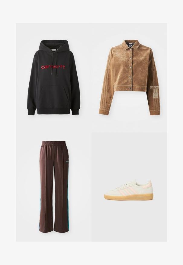 Brūna īsā jaka, kas izgatavota no teksturēta materiāla, ar apkakli, priekšējiem spiedpogām un Adidas zīmolu трīs svītrām uz piedurknēm.; Melna kapuce, kas izgatavota no kokvilnas maisījuma, ar priekšējo kabatu, ribinātām piedurknēm un sarkanu izšūtu "carhartt" logotipu uz krūškurvja.; Ribota adīta kroptopa, ar gradienta rakstu no dzeltenas uz gaiši purpursarkanu, ar pieguļošu formu un noapaļu kakla izgriezumu.; Brūni sporta bikses ar ribotu faktūru, elastīgu jostasvietu un tirkīza sānu svītrām. Priekšpusē ir adidas logo.; Ādas sporta kurpes ar krēmkrāsas augšdaļu, gaiši rozā trīs svītrām un gumijas zoli. Mežģīšu dizains ar izšūtām akcentēm un zīmolu.