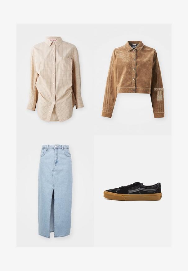 Brown cropped jacket made of a textured material, featuring a collar, front snaps, and Adidas branding with three stripes on the sleeves.; Beige long-sleeve button-up shirt with a checked pattern, features a collar, pocket on the left side, and white buttons.; Light blue denim skirt featuring a front slit, belt loops, and classic five-pocket design. Smooth texture with a clean finish.; Black suede sneakers with white stitching and signature side stripe, featuring a tan rubber sole and low-top design. Laced with black shoelaces.
