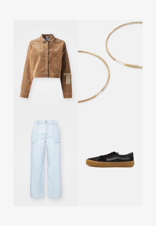 Rudas trumpas švarkas, pagamintas iš tekstūrinės medžiagos, su apykakle, priekiniais paspaudimais ir Adidas ženklu bei trimis juostelėmis ant rankovių.; Juoda ilgomis rankovėmis palaidinė su juostele, aukštu kaklu ir mažuoju siuvinėtų logotipu kairiajame krūtinės šone. Palaidinė turi prigludusį trumpą dizainą.; Šviesiai mėlyni plačios kojos džinsai pagaminti iš džinsinio audinio, su priekiniais mygtukais, dviem šoninėmis kišenėmis ir matomomis siuvimo detalėmis.; Juodi suede sportbačiai su balta siūle ir firminiu šoniniu juosteliu, turintys rudą gumos padą ir žemo profilio dizainą. Su juodais raišteliais.; Aukso spalvos žiedo auskarai, ploni ir apvalūs, su lygiu metaliniu paviršiumi be papuošimų ar raštų.