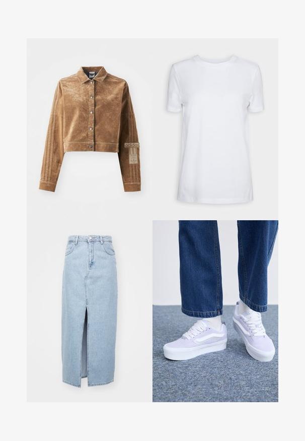 Brown cropped jacket made of a textured material, featuring a collar, front snaps, and Adidas branding with three stripes on the sleeves.; White short-sleeve t-shirt made of cotton. Crew neck design with a smooth texture and no visible patterns or accents. Basic style.; Light blue denim skirt featuring a front slit, belt loops, and classic five-pocket design. Smooth texture with a clean finish.; Light purple suede sneakers with white accents, flat laces, and a thick white sole, worn with light-colored socks and loose denim pants.