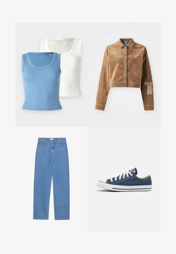 Brown cropped jacket made of a textured material, featuring a collar, front snaps, and Adidas branding with three stripes on the sleeves.; Two ribbed tank tops: one light blue and one white. Each features a rounded neckline and a fitted silhouette, emphasizing the fabric's texture.; Light blue denim jeans with a straight cut, five-pocket design, single button closure, and subtle stitching details on the seams.; Canvas sneaker in navy blue with white eyelets and laces, featuring a white rubber toe cap and a black stripe along the sole.