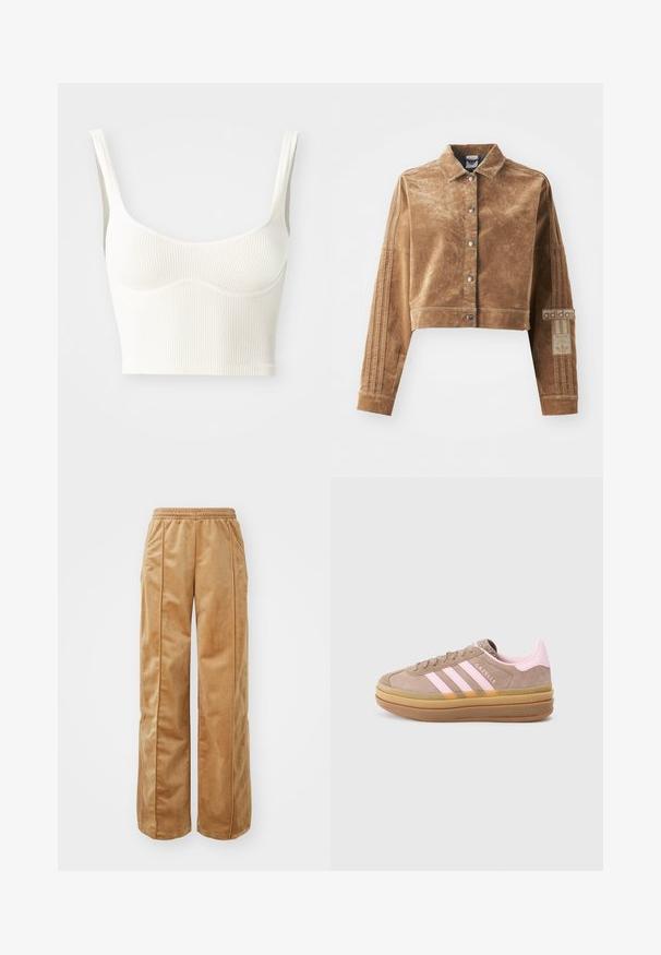 Καφέ κοντό μπουφάν από υλικό με υφή, με γιακά, μπροστινές κουμπότρυπες και σήμα της Adidas με τρεις λωρίδες στα μανίκια.; Κρεμ καρυκευμένο κοντό μπλουζάκι με φαρδιές τιράντες και απαλό, λείο υλικό. Διαθέτει ραφή που διαμορφώνει το στήθος και ευθύ στρίφωμα.; Τάν παντελόνια με φαρδιά πόδια φτιαγμένα από μαλακό, βελούδινο υλικό. Διαθέτουν ελαστική μέση και κάθετες ραφές μπροστά για προσθήκη λεπτομέρειας.; Ανοιχτό καφέ σουέτ αθλητικά παπούτσια με ροζ ρίγες και λεπτομέρειες, καουτσούκ σόλα, στρογγυλή μύτη και υφή στη γλώσσα. Περιλαμβάνει σήμα 'Gazelle'.
