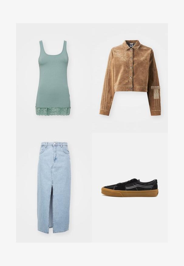 Barna, rövidített dzseki texturált anyagból, gallérral, elülső patentokkal és Adidas márkajelzéssel, három csíkkal az ujján.; Világoszöld trikó, puha anyagból, kerek nyakkivágással és csipkés szegéllyel. Simább textúra, rugalmas dizájn.; Világoskék farmer szoknya elülső sliccel, övhurkokkal és klasszikus öt zsebes dizájnnal. Simaság jellemzi, tiszta befejezéssel.; Fekete velúr sportcipők fehér steppelésekkel és jellegzetes oldalsávval, bézs gumitalppal és alacsony felsőrészes kialakítással. Fekete cipőfűzőkkel húzva.