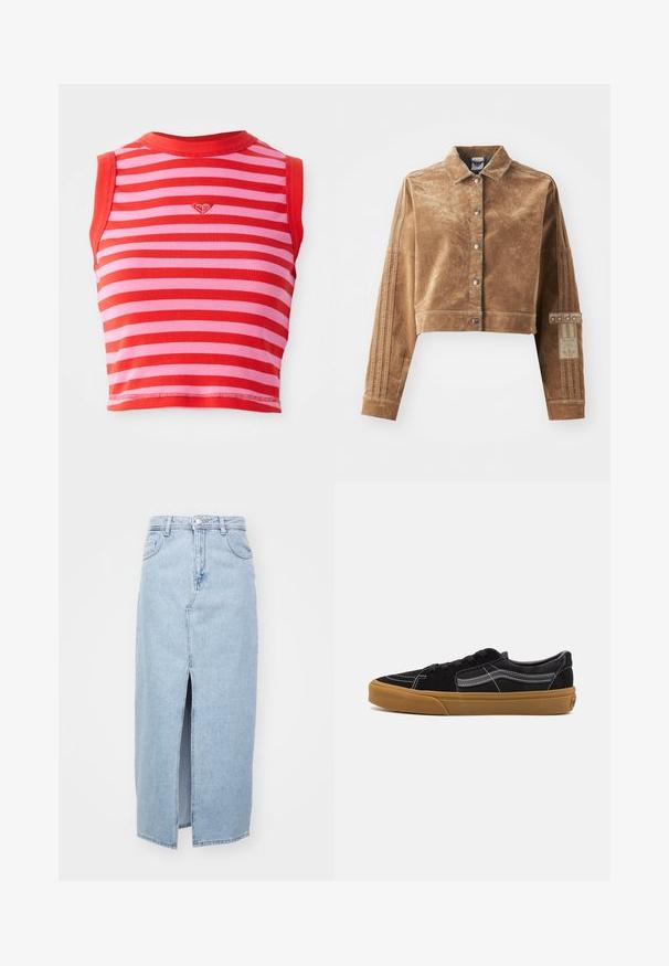 Brūna īsā jaka, kas izgatavota no teksturēta materiāla, ar apkakli, priekšējiem spiedpogām un Adidas zīmolu трīs svītrām uz piedurknēm.; Sarkans un rozā svītrains īss krekls ar ribotu struktūru, ar apaļu kakla izgriezumu un nelielu izšūtu sirds motīvu centrā.; Gaiši zils denima svārku ar priekšējo izgriezumu, jostu cilpiņām un klasisku piecu kabatu dizainu. Gluda tekstūra ar tīru apdari.; Melnbra zamša sporta apavi ar baltām šuvēm un raksturīgo sānu strīpu, ar brūnu gumijas zoli un zemu dizainu. Saistīti ar melnām šņorēm.