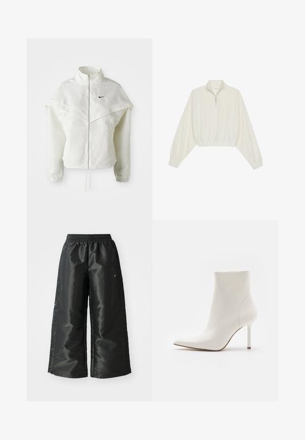 White long-sleeve zip-up jacket with high collar, cape-like detail across shoulders, elastic cuffs, and small black Nike logo on chest.; Cropped pullover in cream fabric, featuring a high collar, half-zip closure, elasticated hem and cuffs, with a smooth texture and minimal design.; Black athletic pants with a shiny, smooth fabric, featuring an elastic waistband, wide legs, and a small logo on the left side.; Steve Madden IYANNA - High heeled ankle boots - coconut milk