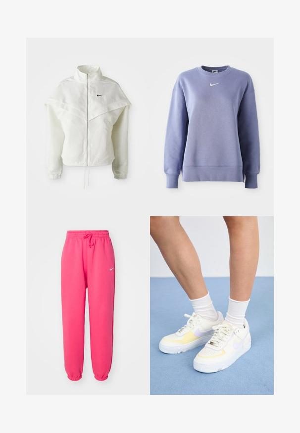 Jaqueta branca de mangas longas com fecho éclair e gola alta, detalhe tipo capa nos ombros, punhos elásticos e pequeno logótipo preto da Nike no peito.; Sweatshirt de gola redonda em lilás claro, feito de tecido suave; tem punhos e bainha canelados com um pequeno logótipo branco da Nike no peito.; Nike Sportswear PANT  - Calças de fato de treino - aster pink/sail; Sneakers de couro branco com detalhes em amarelo e lavanda, bico arredondado, cadarços planos e sola de borracha texturizada. Usados com meias brancas.