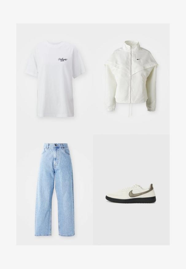 White long-sleeve zip-up jacket with high collar, cape-like detail across shoulders, elastic cuffs, and small black Nike logo on chest.; Blue cotton crewneck sweatshirt with ribbed cuffs and hem. Features a relaxed fit and raglan sleeves, with a soft texture for comfort.; White cotton t-shirt with a relaxed fit. Features short sleeves and a small black "Carhartt WIP" logo on the left chest.; High-waisted light blue denim jeans with straight wide legs, front button, zipper closure, and front and back pockets.; Nike Sportswear FIELD GENERAL - Trainers - off-white/black