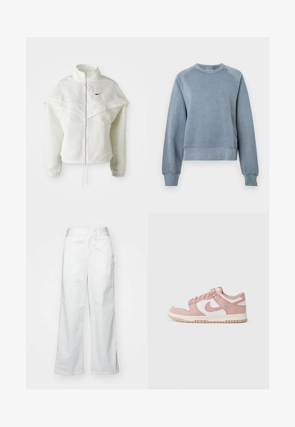 Biela bunda s dlhým rukávom na zips a vysokým golierom, s plášťovým detailom cez plecia, elastickými manžetami a malým čiernym logom Nike na hrudi.; Modrá bavlnená mikina s okrúhlym výstrihom, s rebrovanými manžetami a spodným lemom. Má voľný strih a raglánové rukávy, s jemnou textúrou pre pohodlie.; Biele široké nohavice vyrobené z bavlny, s hladkým povrchom, rovnou siluetou, prednými vreckami a čistým lemom.; Tenisky majú jemne ružový semišový zvršok, biele kožené panely a textúrovanú gumenú podrážku. Výrazné logo Swoosh po stranách, šnurovací dizajn.