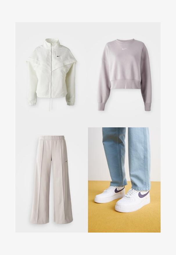 Bílá dlouhá zipová bunda s vysokým límcem, pláštěnkovým detailem přes ramena, elastickými manžetami a malým černým logem Nike na hrudi.; Zkrácená, světle levandulová mikina s dlouhými rukávy, žebrovanými manžetami a malým bílým logem Nike na hrudi. Měkká textilní struktura.; Světlé šedé široké kalhoty vyrobené z hladké látky. Mají elastický pas a černé logo Nike na levé straně.; Nike Sportswear AIR FORCE 1 07 NEXT NATURE - Tenisky - white/dark raisin