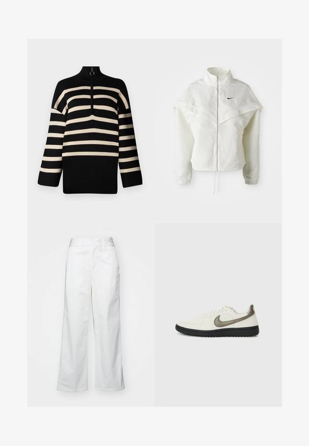 Biała, długozapinana kurtka na zamek z wysokim kołnierzem, z pelerynowym detalem na ramionach, elastycznymi mankietami i małym czarnym logo Nike na piersi.; Czarny i kremowy sweter w paski z wysokim dekoltem i ćwierć zamkiem. Dzianinowa tekstura z szerokimi rękawami i luźnym krojem.; Białe spodnie o szerokich nogawkach wykonane z bawełny, charakteryzujące się gładką fakturą, prostym krojem, przednimi kieszeniami i czystym wykończeniem.; Nike Sportswear - Sneakersy niskie