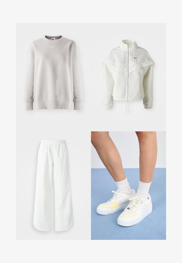 Λευκό ζακέτα με μακριά μανίκια και κλείσιμο με φερμουάρ, υψηλό γιακά, λεπτομέρεια που μοιάζει με κάπα στους ώμους, ελαστικούς μανσέτες και μικρό μαύρο λογότυπο Nike στο στήθος.; Ανοιχτού γκρι φούτερ με στρογγυλή λαιμόκοψη, μακριά μανίκια, ριμπ μανσέτες και ριμπ στρίφωμα. Διαθέτει ένα μικρό λευκό λογότυπο Nike στο στήθος. Λείο υλικό.; Λευκό αθλητικό παντελόνι σε φαρδιά γραμμή με ραμμένο ζώνη και διακριτική λεπτομέρεια λογότυπου. Απαλή υφή με άνετη εφαρμογή και στενό στρίφωμα.; Λευκά δερμάτινα αθλητικά παπούτσια με κίτρινες και λιλά λεπτομέρειες, στρογγυλή μύτη, επίπεδες κορδόνια και υφασμάτινη σόλα από καουτσούκ με υφή. Φοριούνται με λευκές κάλτσες.