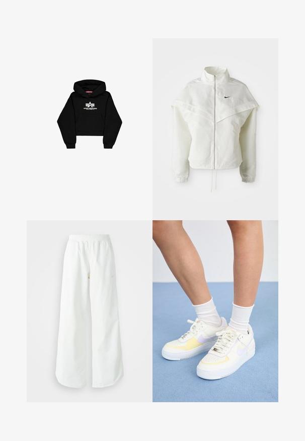 Biela bunda s dlhým rukávom na zips a vysokým golierom, s plášťovým detailom cez plecia, elastickými manžetami a malým čiernym logom Nike na hrudi.; Čierna skrátená mikina so soft tkaninou. Obsahuje predné vrecko, rebrové manžety a biely potlač loga so pruhmi na hrudi.; Biele široké športové nohavice s ribbovaným pásom a jemným logom. Hladká tkanina s uvoľneným strihom a zúženým lemom.; Biele kožené tenisky s žltými a levanduľovými akcentmi, okrúhle špičky, ploché šnúrky a textúrovaná gumová podrážka. Nosené s bielymi ponožkami.