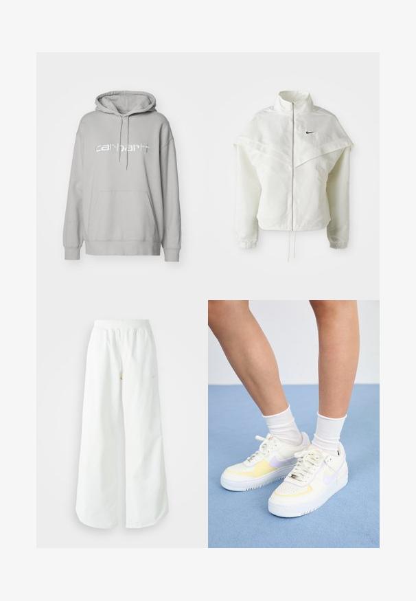Balta garās piedurknes ar rāvējslēdzēju jaka ar augstu apkakli, apmetņa līdzīga detaļa uz pleciem, elastīgas aproces un mazs melns Nike logotips uz krūtīm.; Carhartt WIP HOODED - Ikdienas džemperis - basalt/white; Baltas, platais sporta bikses ar ribotu jostasvītru un smalku logotipa detaļu. Gluda auduma ar brīvu piegriezumu un sašaurinātu apakšdaļu.; Balti ādas sporta apavi ar dzelteniem un lavandas akcentiem, apaļa purngala forma, plakani šņores un teksturēta gumijas zole. Valkāti ar baltām zeķēm.