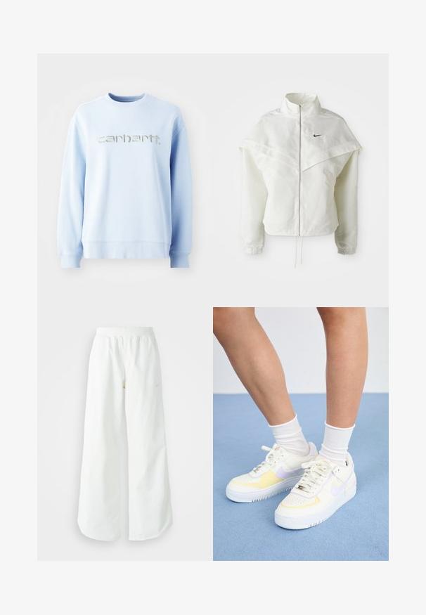 Giacca bianca a maniche lunghe con zip e colletto alto, dettaglio a mantella sulle spalle, polsini elasticizzati e piccolo logo Nike nero sul petto.; Felpa azzurra a collo rotondo realizzata in morbido tessuto, presenta un prominente logo "carhartt" ricamato in argento sul davanti.; Pantaloni sportivi bianchi a gamba larga con vita a coste e delicato dettaglio del logo. Tessuto liscio con vestibilità rilassata e orlo affusolato.; Sneakers bianchi in pelle con accenti gialli e lavanda, punta tonda, lacci piatti e suola in gomma texturizzata. Indossati con calzini bianchi.