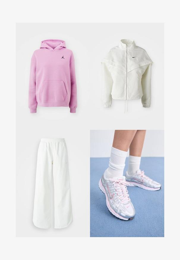 Biela bunda s dlhým rukávom na zips a vysokým golierom, s plášťovým detailom cez plecia, elastickými manžetami a malým čiernym logom Nike na hrudi.; Svetloružová mikina vyrobená z mäkkého materiálu, obsahuje klokaní vrecko, rebrované manžety a čierne logo Jorden na hrudníku.; Biele široké športové nohavice s ribbovaným pásom a jemným logom. Hladká tkanina s uvoľneným strihom a zúženým lemom.; Bežecké tenisky Nike s strieborným sieťovaným vrchom a ružovými akcentmi, bielymi šnúrkami a štruktúrovanou podrážkou. Nosí sa s bielymi bavlnenými športovými ponožkami.