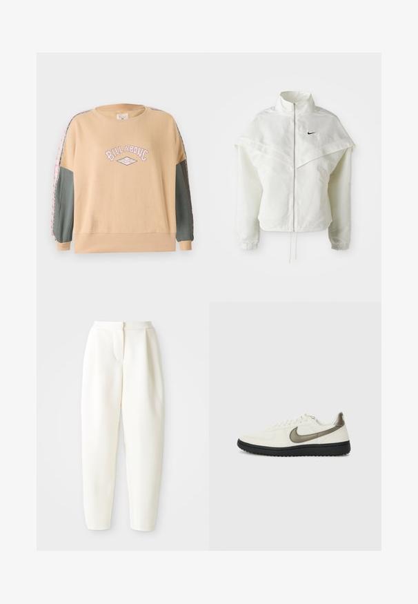Giacca bianca a maniche lunghe con zip e colletto alto, dettaglio a mantella sulle spalle, polsini elasticizzati e piccolo logo Nike nero sul petto.; Felpa beige oversize con grafica rosa "BILLABONG", maniche verdi e dettagli decorativi lungo le cuciture delle maniche. Materiale in cotone morbido.; Pantaloni bianchi a vita alta e gamba affusolata con chiusura frontale nascosta e tasche laterali, esibiti su uno sfondo bianco semplice.; Nike Sportswear FIELD GENERAL - Sneakers basse - off-white/black