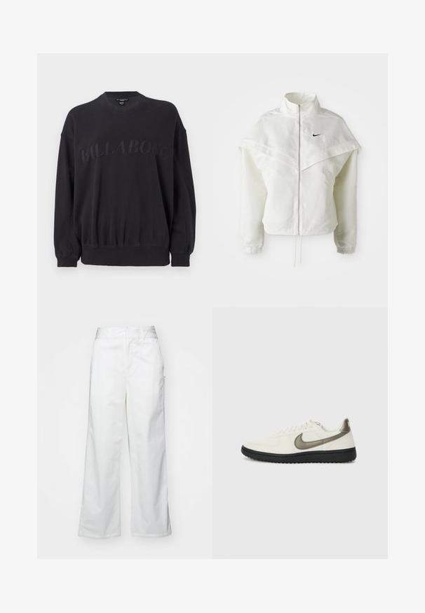 Bjela jakna dugih rukava s patentnim zatvaračem i visokim ovratnikom, s kapastim detaljima preko ramena, elastičnim manžetama i malim crnim Nike logom na prsima.; Crna dukserica s okruglim izrezom, elastičnim pojasom i dugim rukavima. Sadrži teksturirani vezeni logo "BILLABONG" na prednjoj strani.; Bijele hlače širokih nogavica napravljene od pamuka, s glatkom teksturom, ravnim krojem, prednjim džepovima i čistim rubom.; Nike Sportswear FIELD GENERAL - Tenisice - off-white/black