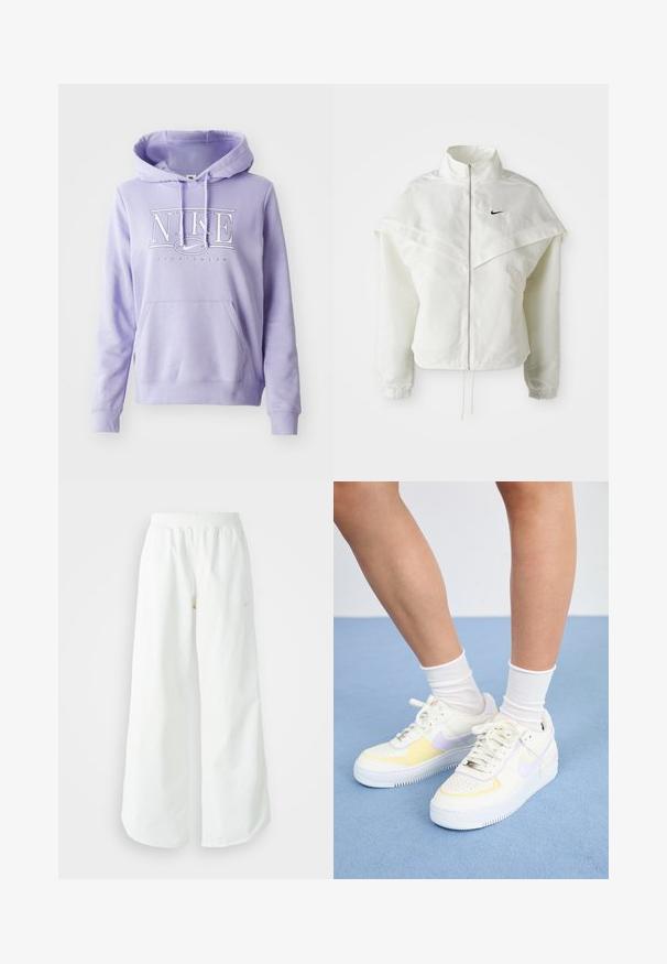 Jaqueta branca de mangas longas com fecho éclair e gola alta, detalhe tipo capa nos ombros, punhos elásticos e pequeno logótipo preto da Nike no peito.; Hoodie roxo da Nike com bolso tipo canguru, capuz com cordão e logótipo branco "NIKE SPORTSWEAR". Tecido macio com punhos e bainha canelados.; Calças atléticas largas brancas com uma cintura canelada e um discreto detalhe de logótipo. Tecido suave com um corte relaxado e terminações ajustadas.; Sneakers de couro branco com detalhes em amarelo e lavanda, bico arredondado, cadarços planos e sola de borracha texturizada. Usados com meias brancas.
