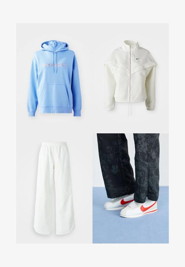 Jachetă albă cu mâneci lungi, cu fermoar, guler înalt, detalii asemănătoare unei capele pe umeri, manșete elastice și un mic logo Nike negru pe piept.; Hanorac albastru deschis dintr-un material moale, cu o buzunar frontal, glugă cu șnur și logo-ul brodat "carhartt." în roz.; Pantaloni atletici largi, alba, cu un talie elastica texturata si detalii subtile cu logo. Material neted, cu o croiala lejera si tiv conformat.; Adidași albi Nike cu accente roșii, asortați cu pantaloni negri cu un model floral. Textura este netedă, cu o talpă plată împletită.