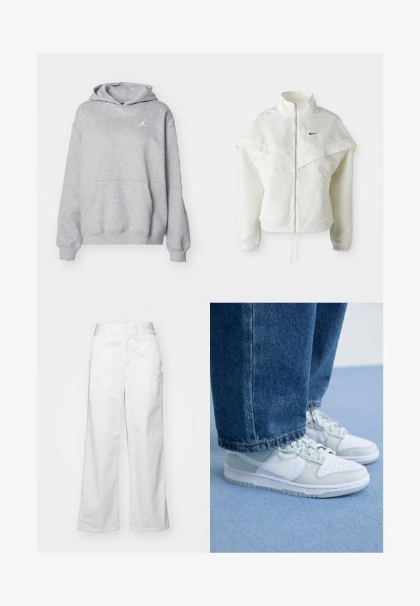 White long-sleeve zip-up jacket with high collar, cape-like detail across shoulders, elastic cuffs, and small black Nike logo on chest.; Gray hoodie made of soft fabric with a kangaroo pocket, ribbed cuffs, and hem. Features a small white Jordan logo on the chest.; White wide-leg trousers made from cotton, featuring a smooth texture, straight fit, front pockets, and a clean hem.; Nike sneakers in white and light gray leather with perforated toe, flat laces, and a rubber sole, paired with blue denim jeans.