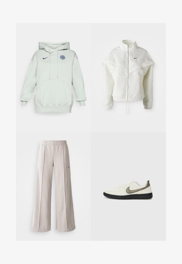 Valge pikkade varrukatega tõmblukuga jakk kõrge kraega, kätetooted, mis meenutavad katet õlgadel, elastsete mansettidega ja väikese musta Nike logoga rinnal.; Heledad roheline kapuutsiga särk suure esikotiga, nööriga ja soonikute otstega. Esiküljel on sinine Nike logo ja ringikujuline sinine embleem.; Heledad hallide püksid, mis on valmistatud siledast kangast. Omab elastset vöökohta ja musta Nike logo vasakul küljel.; Nike Sportswear FIELD GENERAL - Tossud - off-white/black